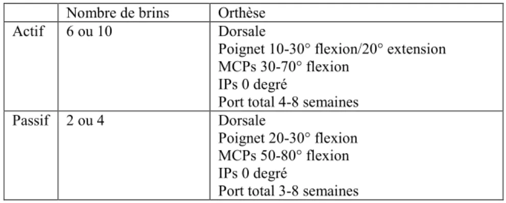 Tableau 5 : Nombre de brins et type d’orthèse selon le protocole utilisé. 