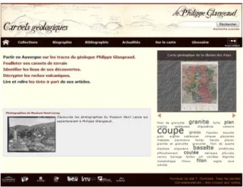Figure 1 – Copie d’écran de la page d’accueil de l’ancien site Web : Les carnets géologiques de Philippe Glangeaud, http://bibliotheque.clermont-universite.fr/glangeaud/ [Consulté le 9 novembre 2017