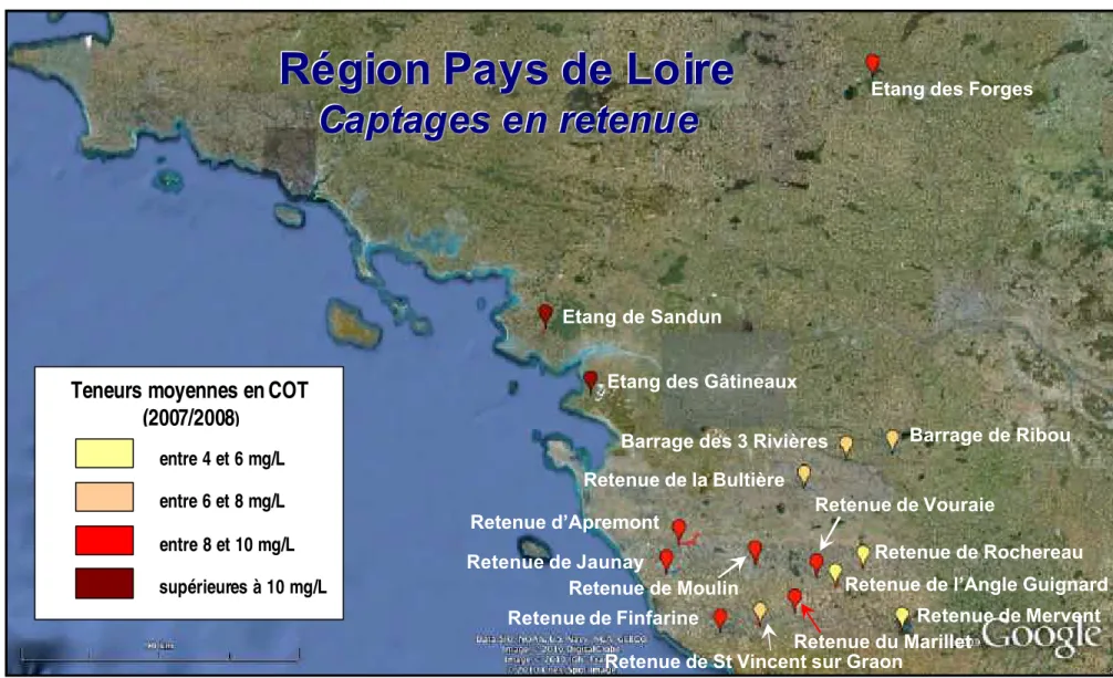 Figure 14. Distribution spatiale de la pollution des prises d'eau en retenue des Pays de Loire par les MO  telle qu'établie à partir des concentrations en COT  mesurées en  2007 et  2008