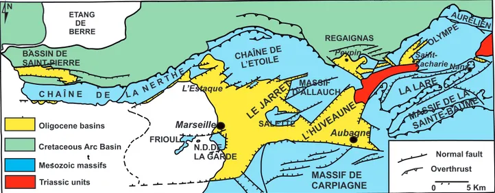 Fig. 1- Geological and structural framework of the Oligocene basin Marseille-Aubagne and  other neighboring Oligocene basins