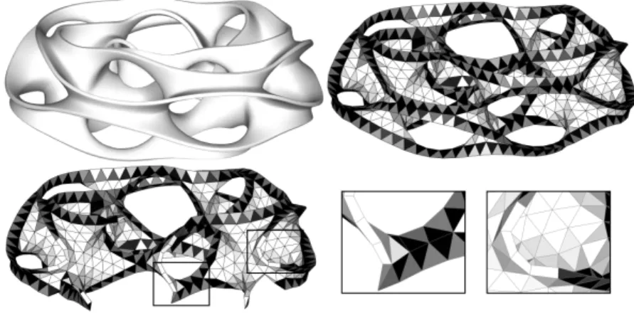 Fig. 4. Hybrid meshing of a smooth manifold surface of genus 22 with tetrahedra (grey), prisms (white) and pyramids (black).