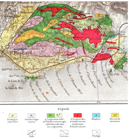 Fig. 28. Carte des différents massifs d’estérellite de la région de Saint-Raphaël et du Drammont  dans leur contexte géologique (d’après Auguste Michel-Lévy, 1897).