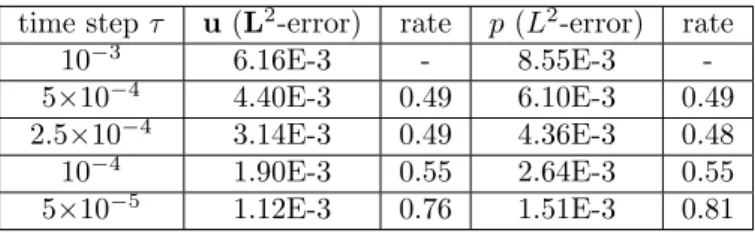 Table 2: L 2 -norm of the errors on the velocity and outer pressure at time t = 0.1 and rates of convergence
