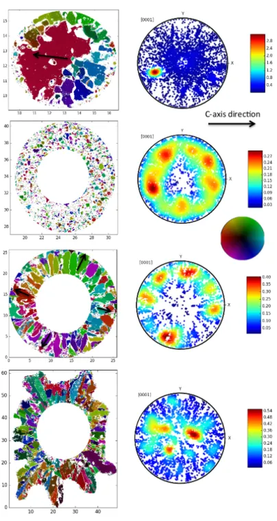 Figure A2. Orientation color-coded representation of the different layers of the French hailstone F3 and corresponding pole figures.