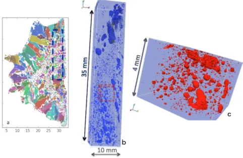 Figure 4. Visualization of the 3D porosity in one part of French hailstone F2 (a) with a resolution of 5 µm (b) and with a resolution of 2 µm (c)