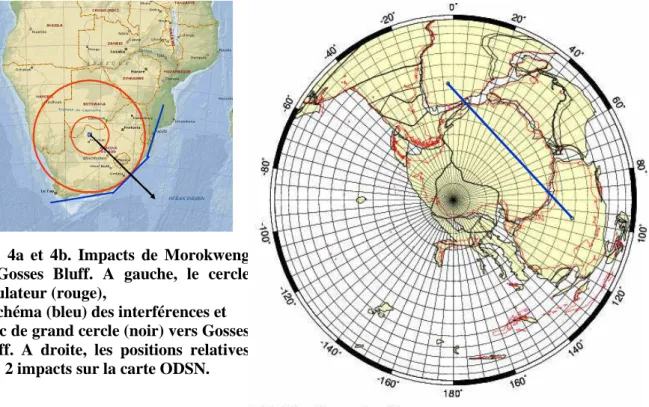 Fig.  4a  et  4b.  Impacts  de  Morokweng  et  Gosses  Bluff.  A  gauche,  le  cercle  osculateur (rouge),  
