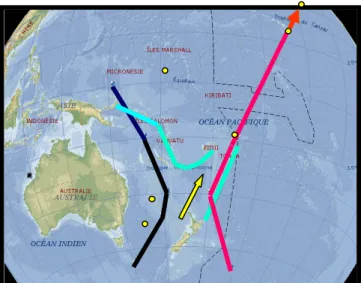 Fig. 11. Interférences aux antipodes en -214  Ma  projetées  sur  une  carte  actuelle