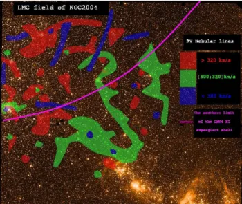 Fig. 1 Regions of similar radial velocities of the nebu- nebu-lar lines. Red and blue regions are associated to the LMC4 bubble (respectively with RVs &gt; 320 km/s and &lt; 300 km/s, which correspond to the expansion of the bubble)