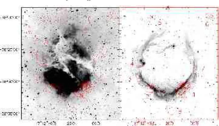 Fig. 4. Left: Millimetre continuum emission contours superimposed on a SuperCOSMOS Hα image of the region