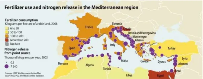 Figure  SPM.4  |  Fertilizer  use  and  nitrogen  release  in  the  Mediterranean  Sea  (UNEP/MAP/MED POL, 2013) 