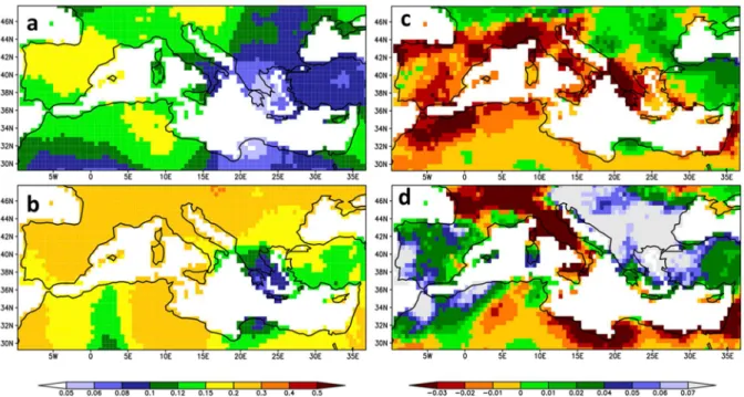 Figure SPM.1 | Observed changes in temperature and rainfall. Recent trends in tempera- tempera-ture (a and b, °C decade -1 ) and rainfall (c and d, mm day -1  decade -1 ) in the Mediterranean  Basin over land