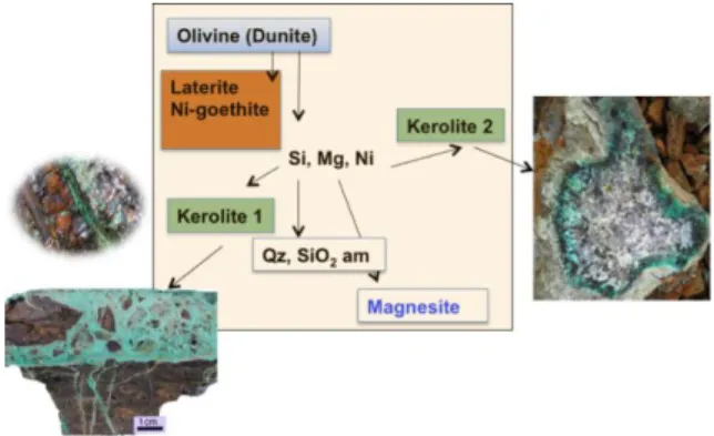 Figure  1.  Formation  of  the  two  main  types  of  silicate  ores  (type  1 :  crack  and  seal  and  breccia  at  the  left  hand side, and type 2 cocarde type on the right hand  side)