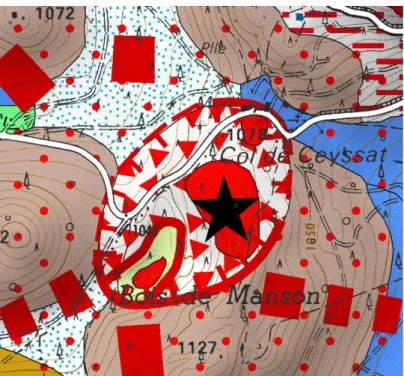 Figure 1. Carte géologique du Cratère Kilian (Boivin et al., 2009). Zone rouge : trachyte massif ; zone verte :  fond du cratère