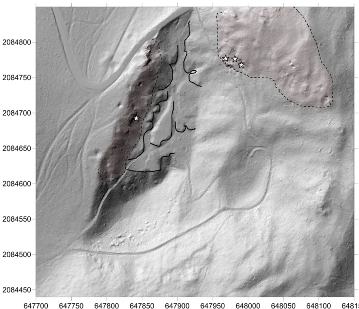 Figure 3.  Relevé LIDAR. Détail  du Cratère Kilian  (échelle métrique).  Zone colorée : secteur où affleure le  trachyte massif, en place