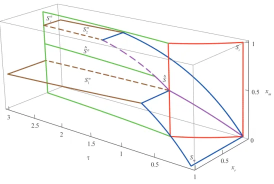 Figure 11: Structure of the optimal behavioral pattern for c = 1.25 and ε = 0.35 that comes from the condition that a singular surface S m exists only for 0 ≤ x m < 1