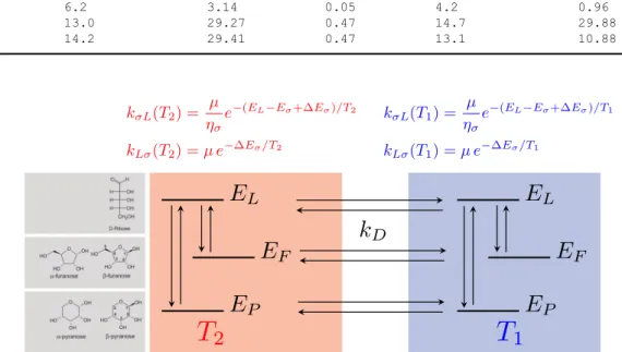 Fig. 3 Simple model of ribose isomerisation in a steady temperature gradient ( T 2 > T 1 )