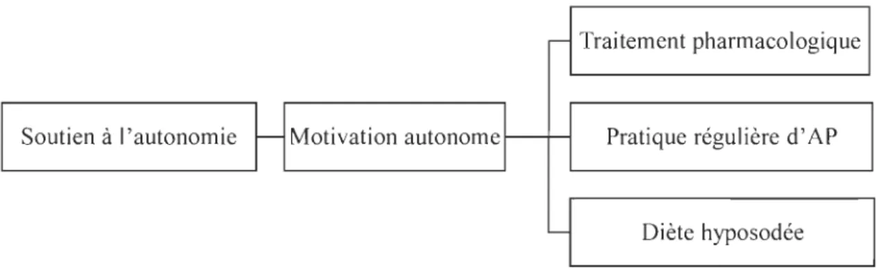 Figure  2.  Diagramme  adapté  de  Ng  et  al.  (2012)  qui  démontre  le  lien  entre  le  SA  et  l'adhésion  au  traitement  pharmacologique,  la  pratique  régulière  d'AP  et  la  diète  hyposodée, médiée par une motivation autonome