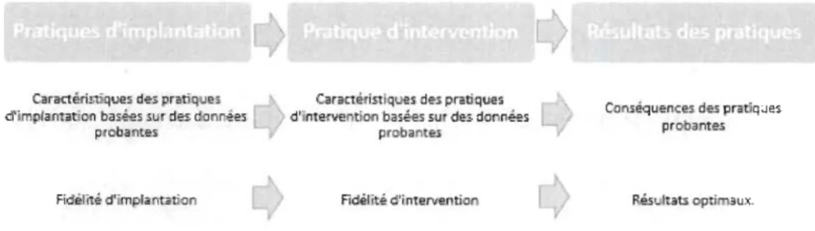 Figure  1.  Cadre  illustrant  les  relations  entre  la  fidélité  des  pratiques  d ' implantation  et  d'intervention fondées  sur des données probantes et les résultats