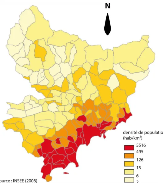 Figure 10 : Carte la répartition de la densité de population par commune des Alpes Maritimes