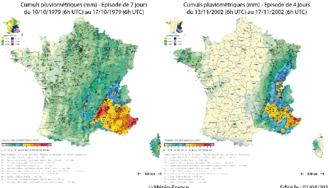 Figure 19 : Cartes pluviométriques de deux évènements extrêmes ayant affecté les Alpes- Alpes-Maritimes (source : http://pluiesextremes.meteo.fr/france-metropole/Cartes-pluviometriques.html)