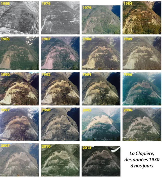 Figure 30 : Suivi photographique de l’évolution du versant de La Clapière de 1938 à 2014  (source : http://gravitaire.oca.eu/spip.php?article89)