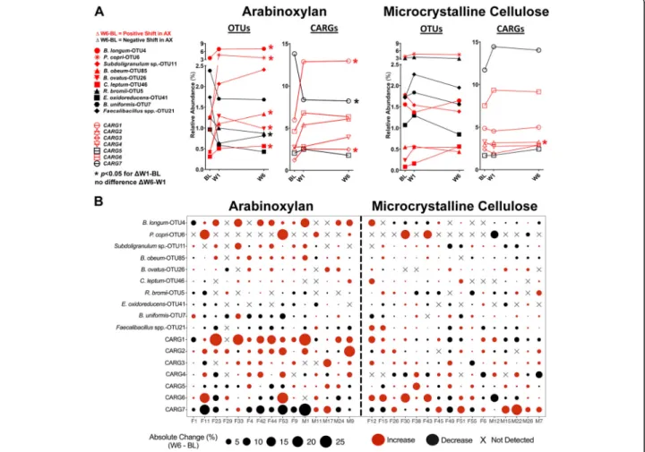 Fig. 4 Temporal and individualized responses of the OTUs and CARGs affected by arabinoxylan and microcrystalline cellulose