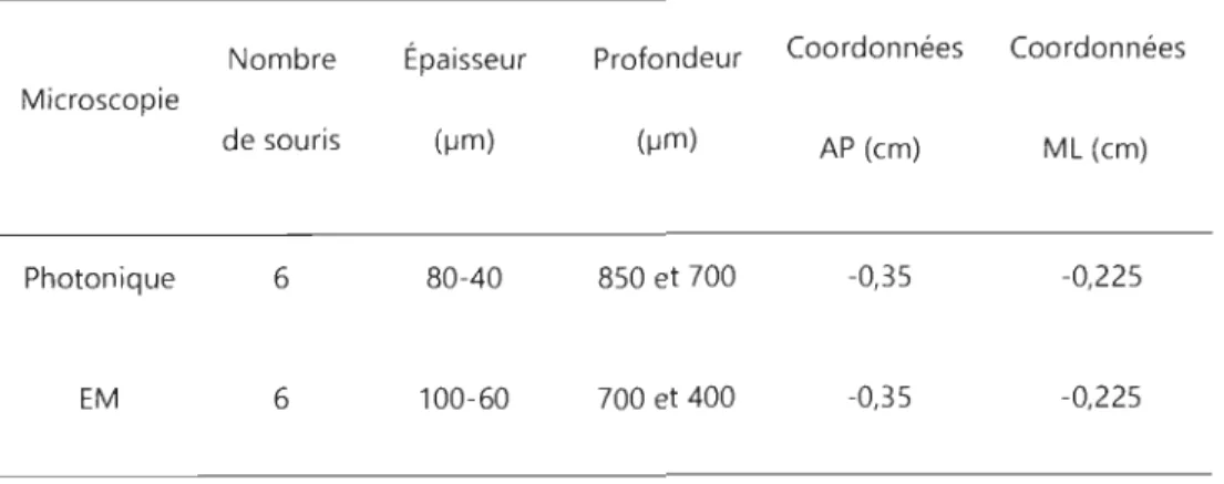 Tableau 2.1  Type d'injections chez la souris C57BL/6J 