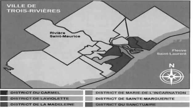 Figure 4.  Districts couvrant les premiers quartiers de la ville de Trois-Rivières. 