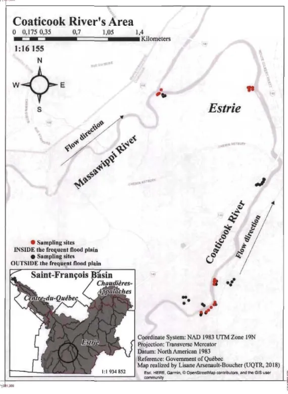 Figure 2.1  Carte de  localisation des 49  quadrats des  ZI (en  rouge) et des ZE (en noir)  du  secteur ava l de la rivière Coati cook