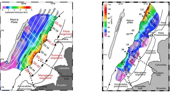 Figure 3.2.1.3-1 Segmentation of northern margin: sediment thickness and flow heat.  