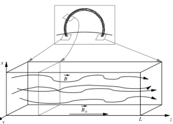 Fig. 1. Model of coronal loop used for the simulations: the loop is un- un-bent into a box, whose both extreme planes represent the photosphere.
