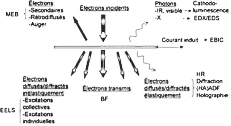 Figure 2.13  : Différents processus d'interaction électron-matière en  fonction  de différentes  techniques  [69] 