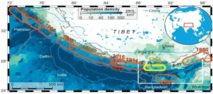 Figure 2.12: Great earthquakes along the Himalayan arc since 1500 AD (After Hetényi et al.