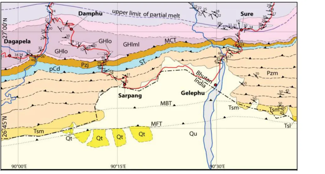 Figure 4.1: Map of Sarpang area showing the major geological and tectonic units (Abbreviation in the map: Qt-River terraces; Qu- Qu-Unconsolidated sediments deposited in braided stream;Tsl-Lower member Siwalik Group; Tsm-Middle member Siwalik Group; Pzm-Ma