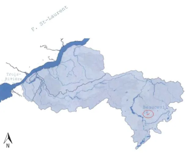 Figure A.1  Le  ruisseau  Grégoire  (en  rouge)  est  un  cours  d'eau  de  second  ordre  appartenant  au  bassin  versant  de  la  rivière  Bécancour,  région  Chaudière-Appalaches
