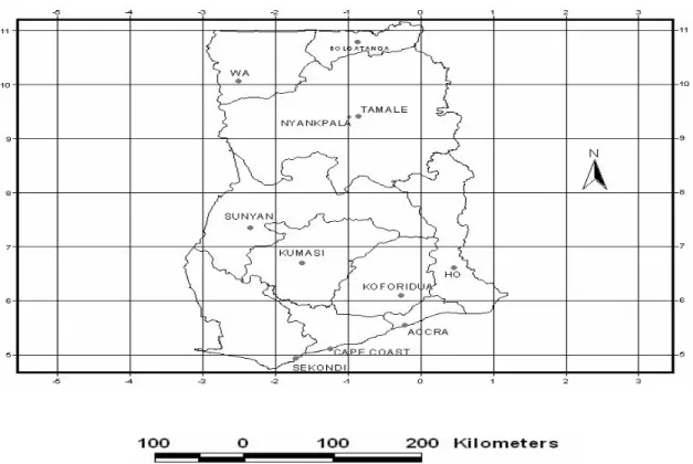 Figure 4.6. A map of Ghana showing location of some towns, including Kumasi and Tamale