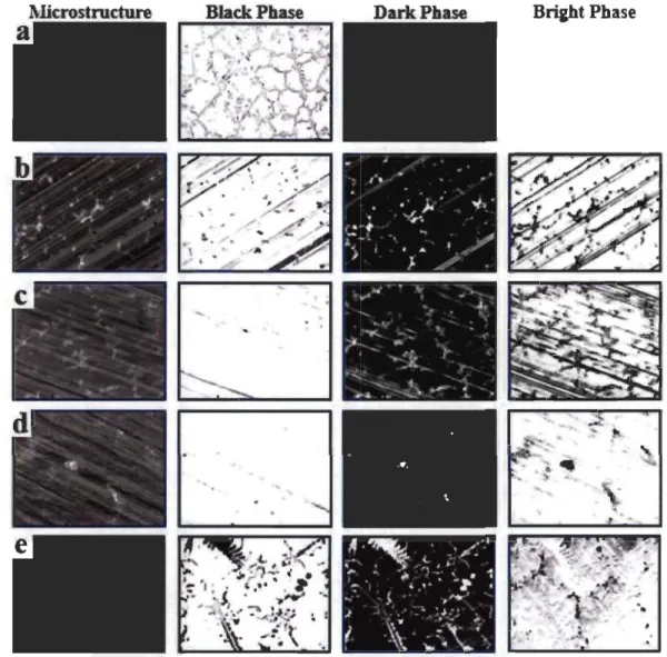 Figure 4.3- ImageJ analysis of as-cast BCC 52Ti-12V-36Cr (a) without additives and  with (b) 4wt% ZnNilo, (c) 4wt%Zr, (d) 2.2wt%Zr and (e) 4wt%Ni additives