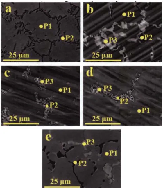 Figure 4.4- Point mapping on  micrographs of the as-cast BCC 52Ti-12V -36Cr (a)  without additives and with (b) 4wt% ZnNÏJo, (c) 4wt%Zr, (d) 2.2wt%Zr, and (e) 