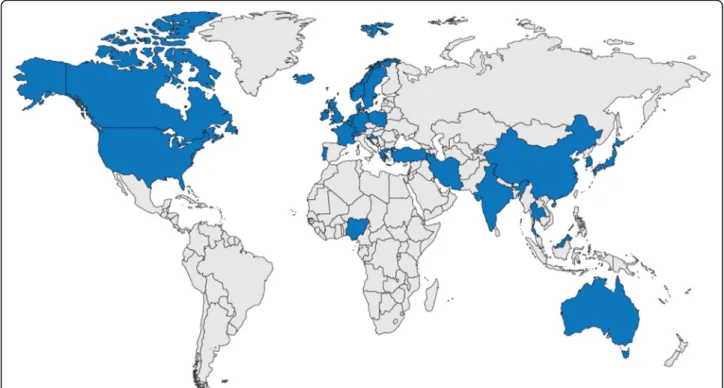 Fig. 3 Geographical distribution of identified data sources * . Countries with identified data sources: Australia, Barbados, Belgium, Canada, China, Croatia, Czech Republic, Germany, Denmark, France, Greece, Iceland, India, Iran, Israel, Japan, Malaysia, T