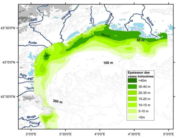 Figure 2-1 : Carte morpho-bathymétrique du golfe du Lion montrant la répartition des épaisseurs de la  vasière holocène (Monaco and Aloïsi, 2000)