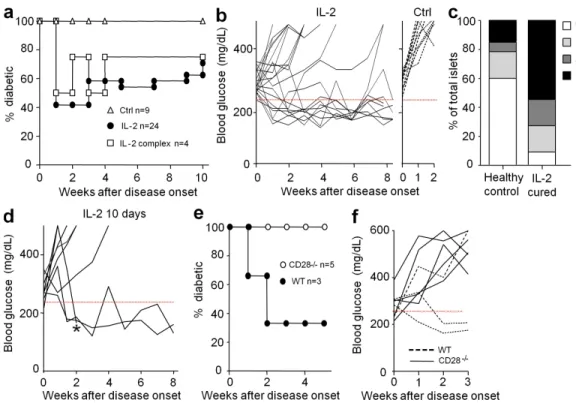 Figure 1.  Diabetes remission by IL-2 therapy. (a and b) Spontaneous new-onset diabetic NOD mice (two consecutive blood glucose concentrations  between 250 and 350 mg/dl) were treated for 5 d with PBS or denatured IL-2 (Ctrl), 25,000 IU IL-2 (IL-2), or 0.5