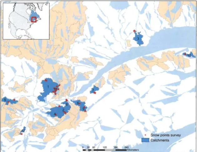 Fig.  1.  Selected  basins  (blue)  and  snow  survey  measurement  locations  (red  stars)  in  southern  Quebec  province