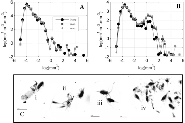 Figure II.3 – Impact of touching objects (TO). Figures show zooplankton validated spectra in cases of no separation of TO (none), then with a manual separation on the scanning tray during 20 minutes (man.) and finally with a further numerical separation (n