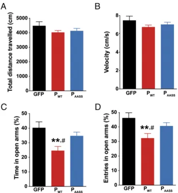 Fig. 3. Effects of P expression on contextual memory. (A) Fear expression in GFP, P WT , and P AASS mice during conditioning