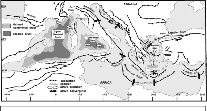 Figure I.14: Directions locales de compression et d’extension dans le domaine  méditerranéen (Jolivet et al., 1998)