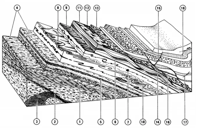 Figure I.24: Bloc diagramme synthétique montrant les différentes structures associées aux  zones de cisaillement extensives d’après Malavieille (1993)