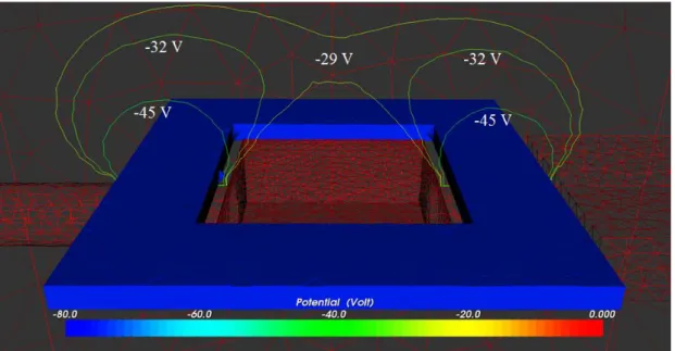 Figure 39. Lignes de champ au-dessus de l’échantillon pour une polarisation de la plaque  de  –80V 