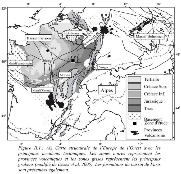 Figure  II.1 :  (A)  Carte  structurale  de  l’Europe  de  l’Ouest  avec  les  principaux  accidents  tectoniques