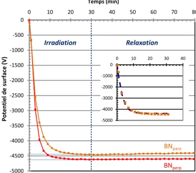 Figure 40 – Evolution temporelle du potentiel de surface de BN perp  et de BN para  lors de leur irradiation (10 keV,  100 pA.cm -2 , T °C amb ) puis de leur relaxation – (encart) ajustement V s (t +dt) 