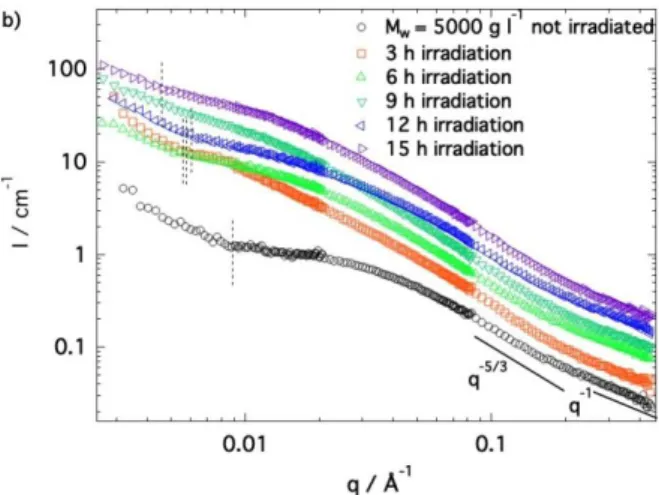 Figure 7. Evolution with irradiation time of the SANS patterns. Figures 7a and 7b represent two sets of experiments showing  the  reproducibility  (M W,PEG =5000  g  mol -1 , c=c*=55  g/l)